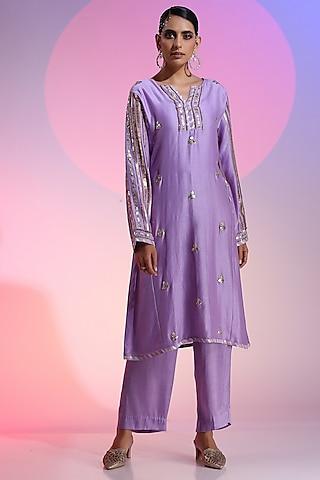 purple cotton silk gota embroidered kurta set for girls