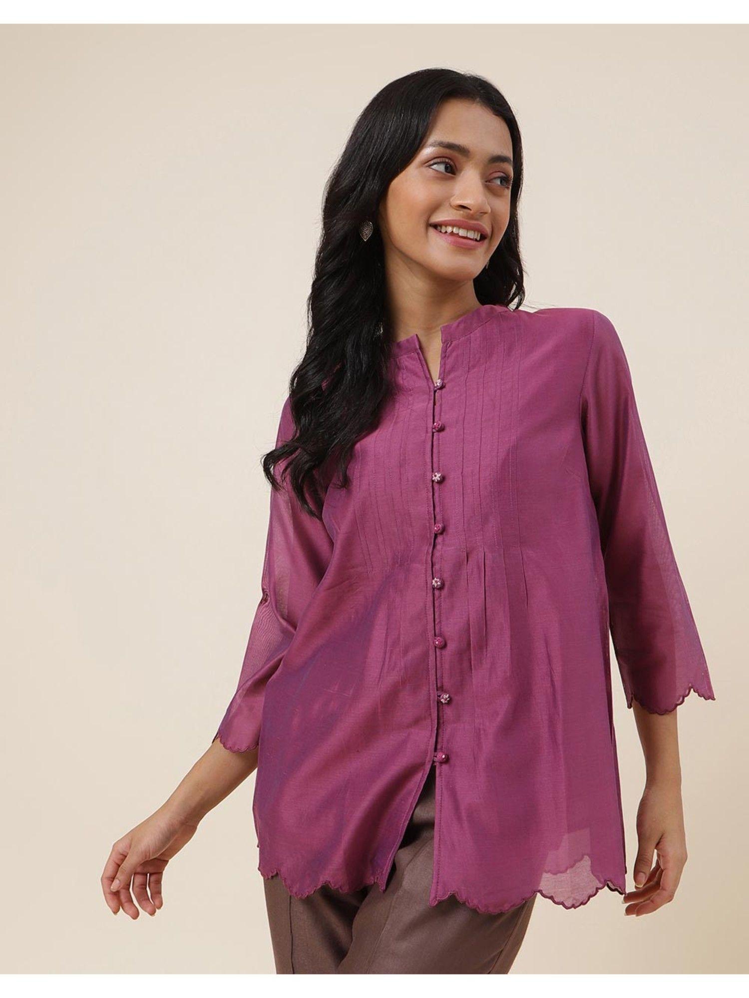 purple cotton silk pintucks top