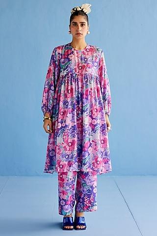 purple cotton silk printed kurta set