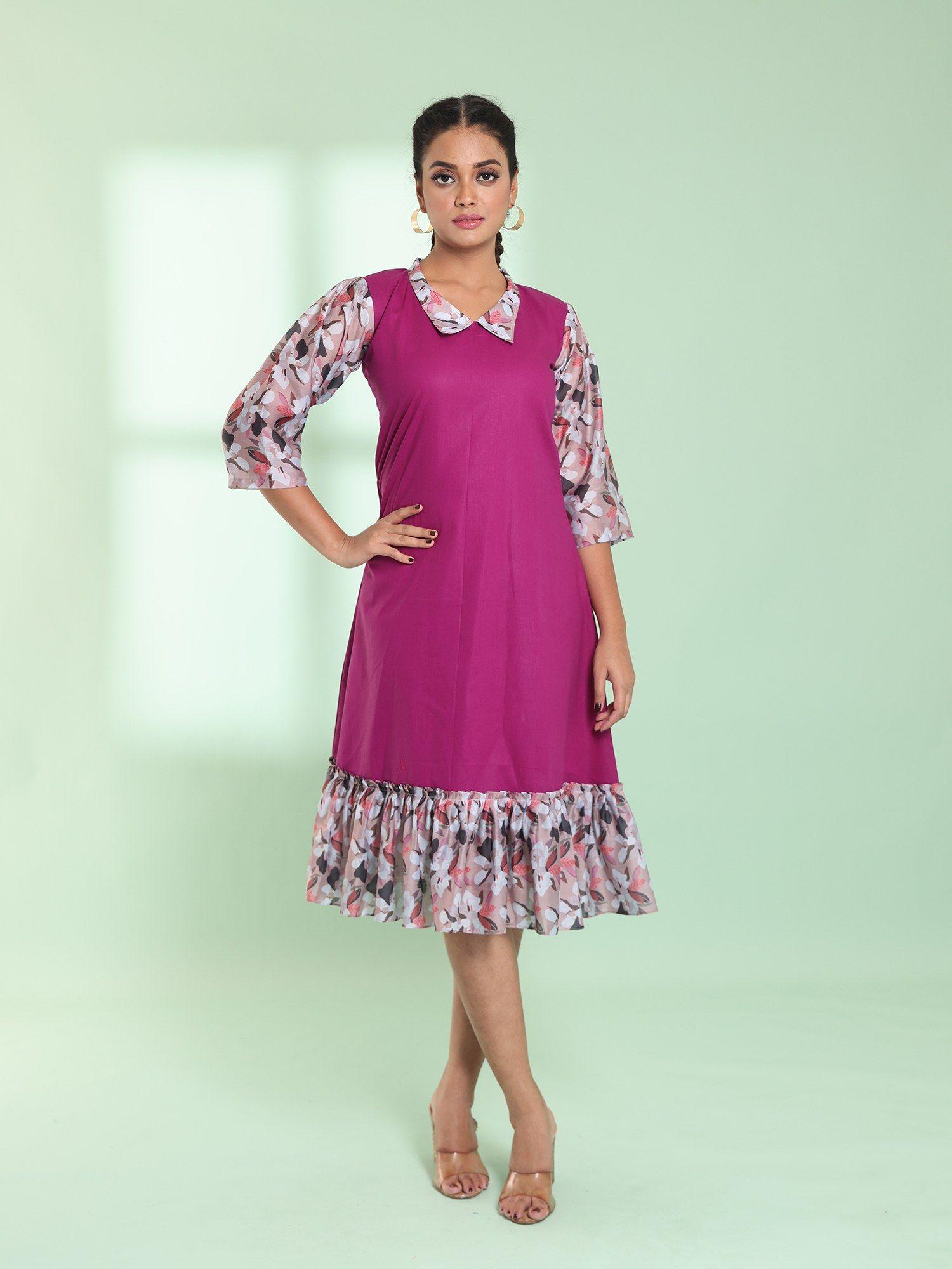 purple cotton solid a-line stitched ethnic dress