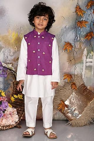 purple cotton thread embroidered jacket set for boys