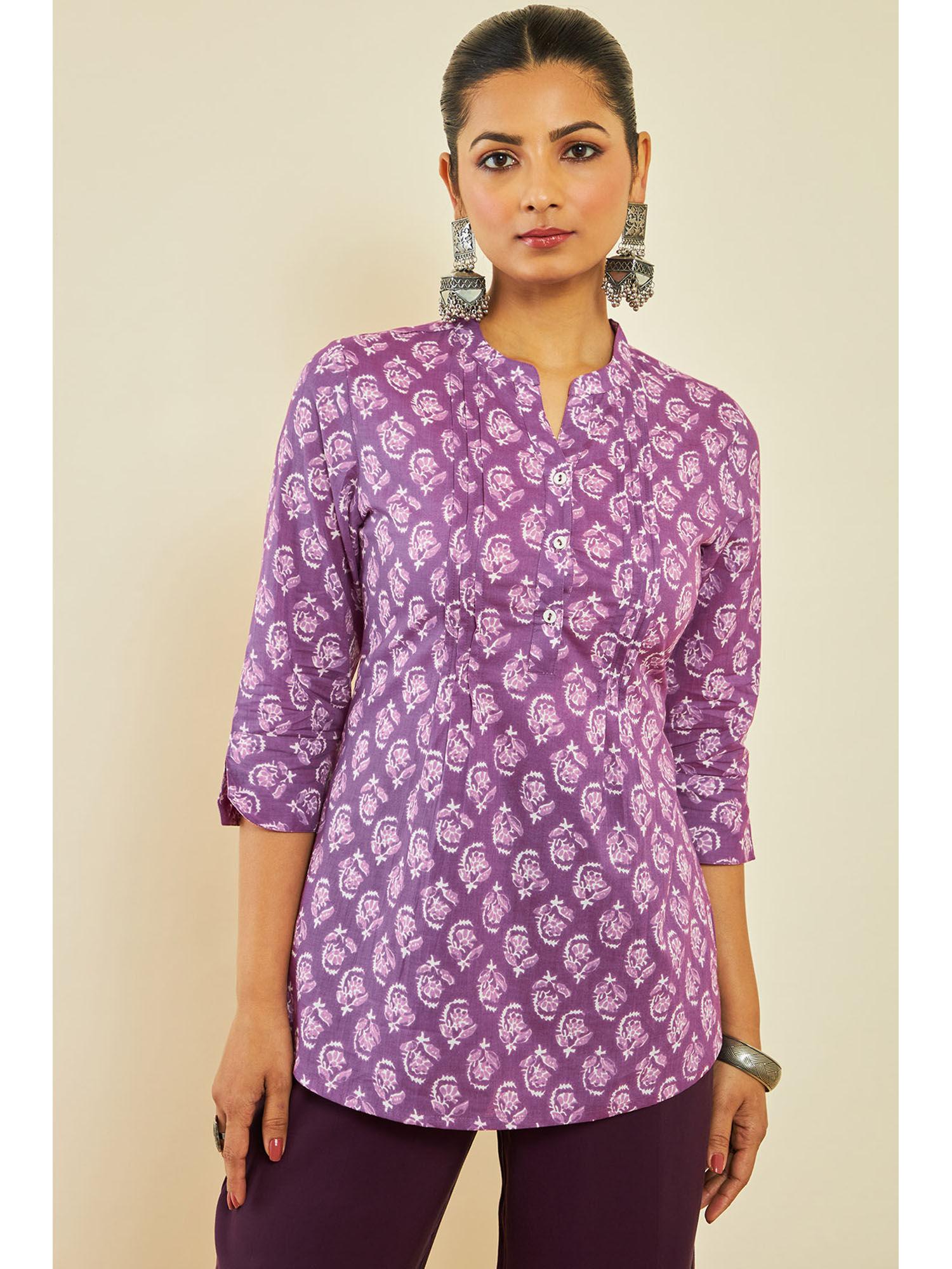 purple cotton tunic with floral print and pin tucks