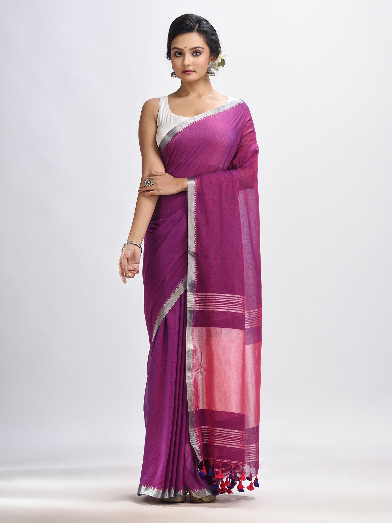 purple cotton with zari pallu & zari border handloom saree with unstitched blouse