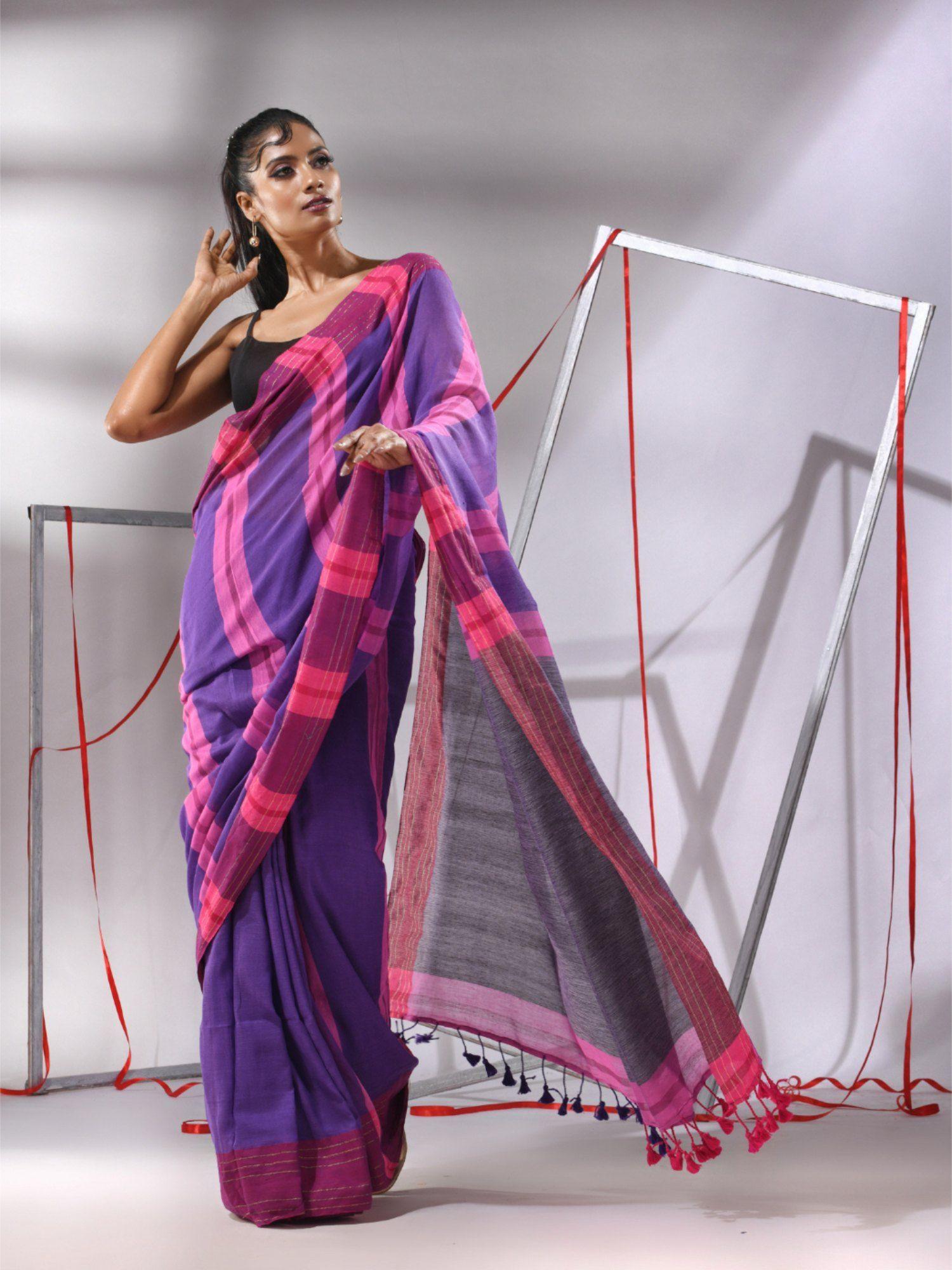 purple cotton zari stripes saree with unstitched blouse