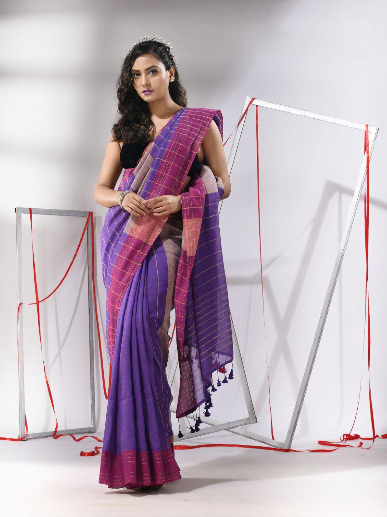 purple cotton zari stripes saree with unstitched blouse