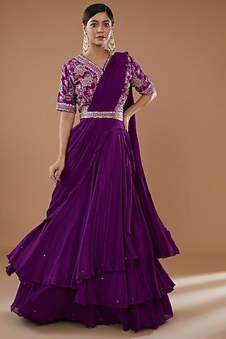 purple crepe & georgette draped lehenga saree set