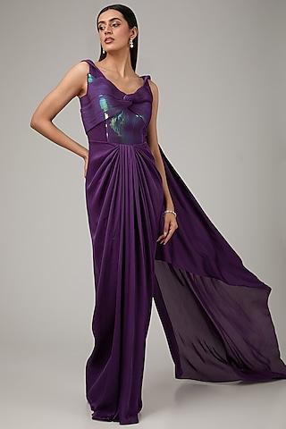 purple crepe chiffon & metallic polymer draped gown saree