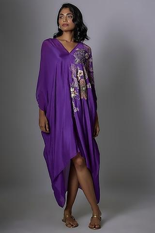 purple crepe chiffon foliage embroidered drape midi dress