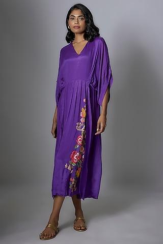 purple crepe chiffon hand embroidered midi dress