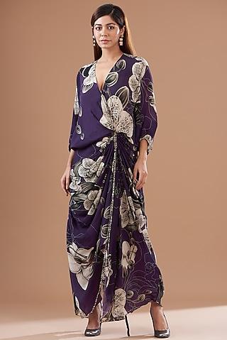 purple crepe digitally printed wrap dress