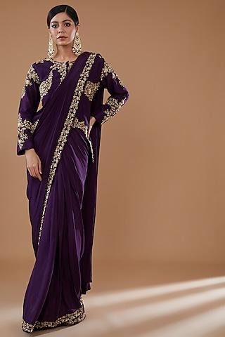 purple crepe draped lehenga saree set