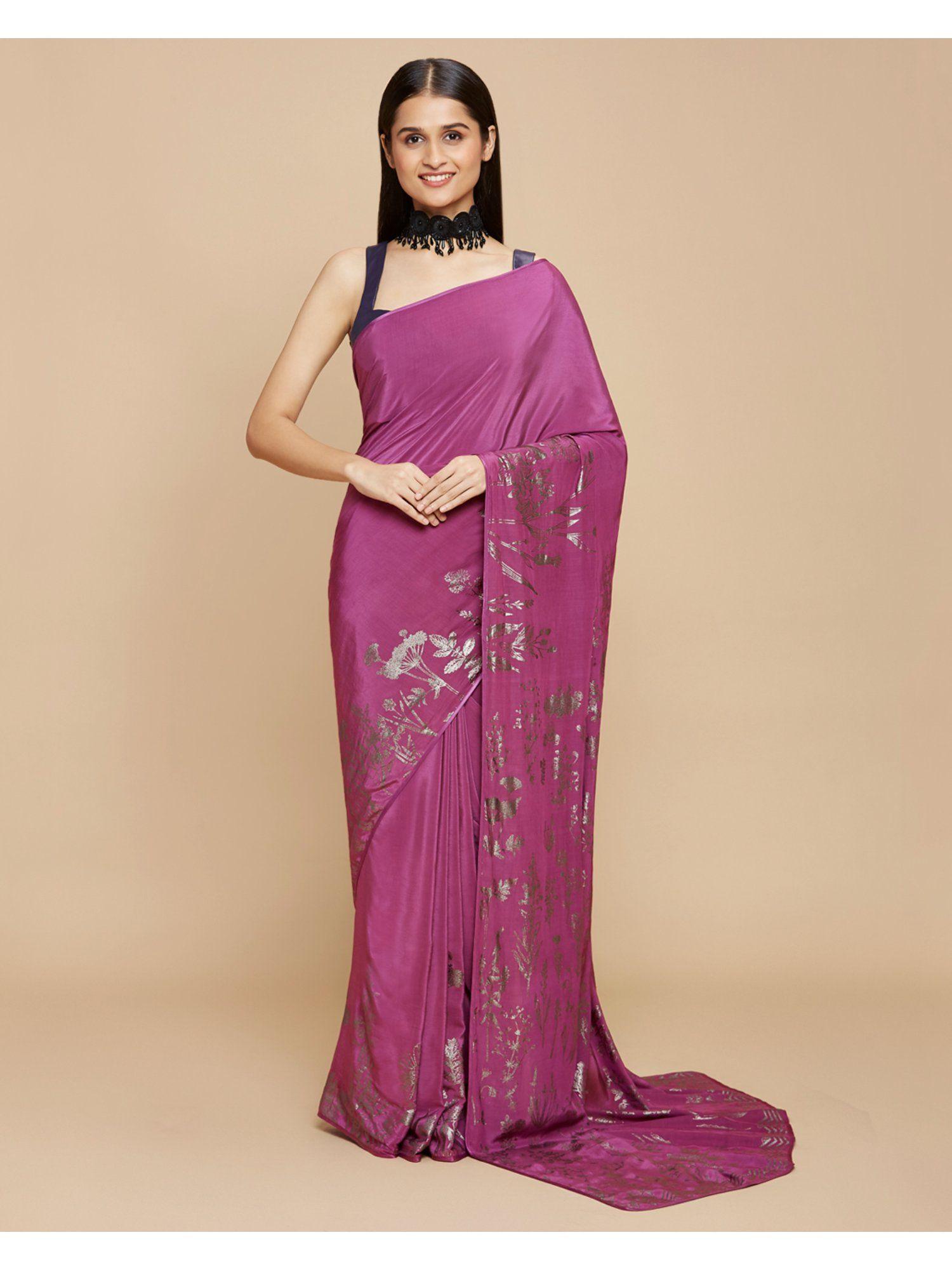 purple crepe foil print saree with unstitched blouse