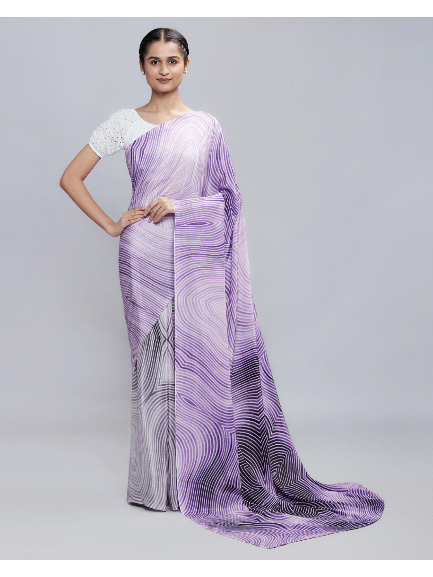 purple crepe geometric print saree with unstitched blouse