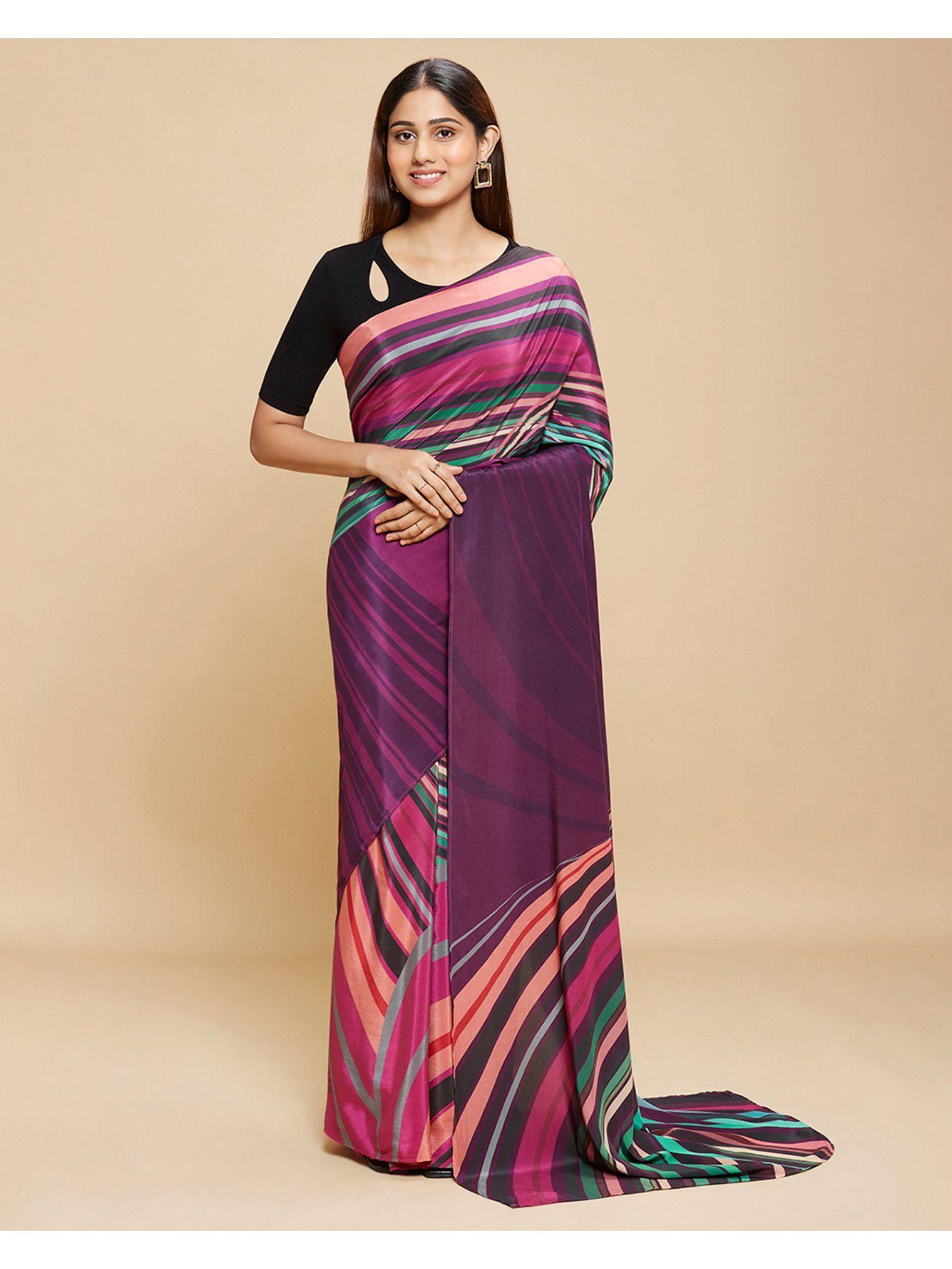 purple crepe geometric print saree with unstitched blouse