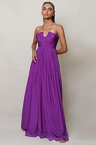 purple crepe pleated gown