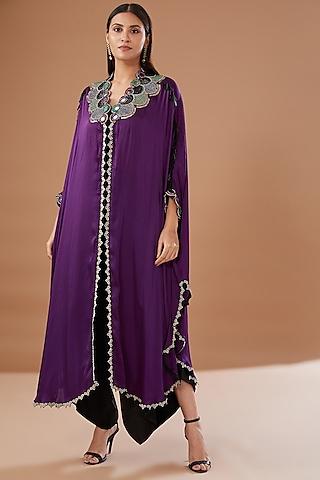 purple crepe printed & embroidered cape set