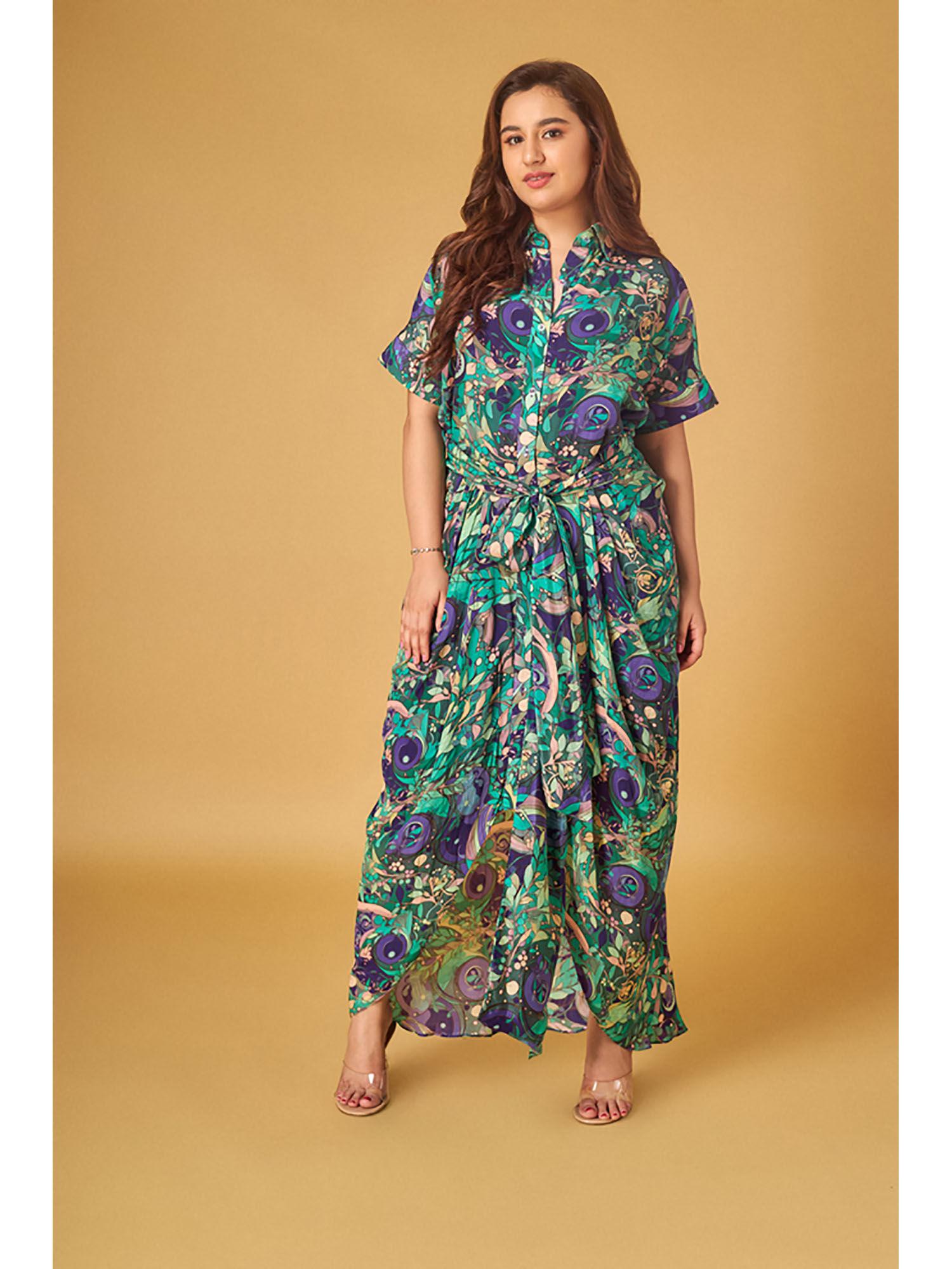 purple crepe printed front tie draped shirt maxi dress