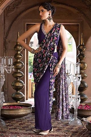 purple crepe printed pant saree set