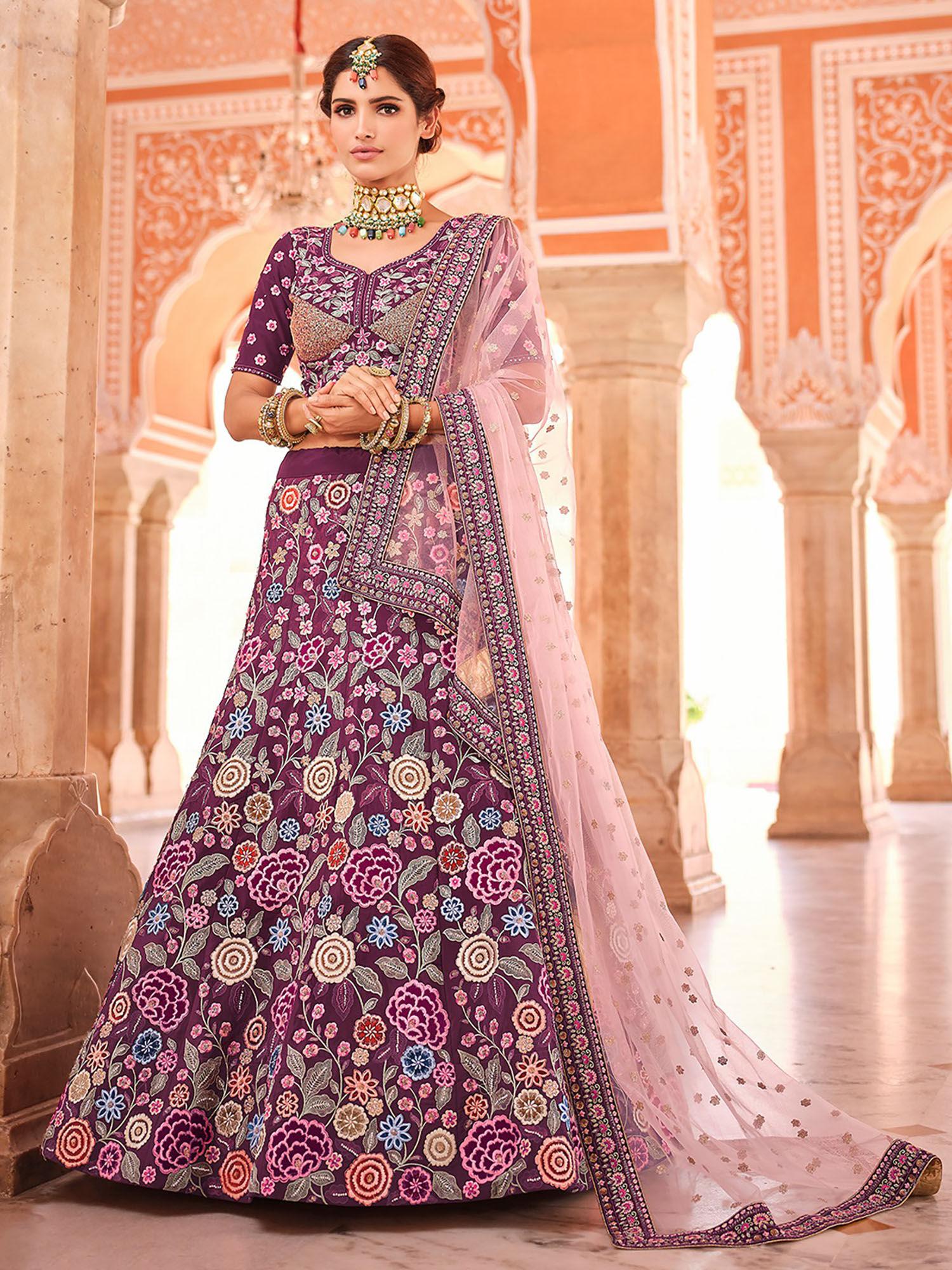 purple crepe semi stitched lehenga with unstitched blouse (set of 3)