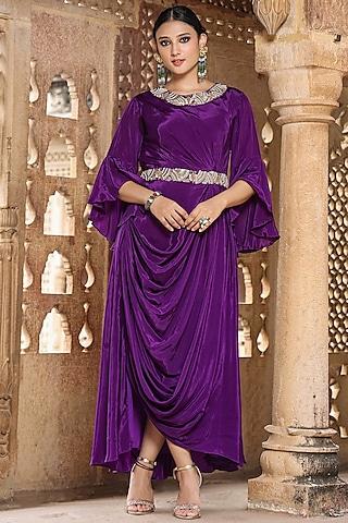 purple crepe sequins & dabka embellished draped gown