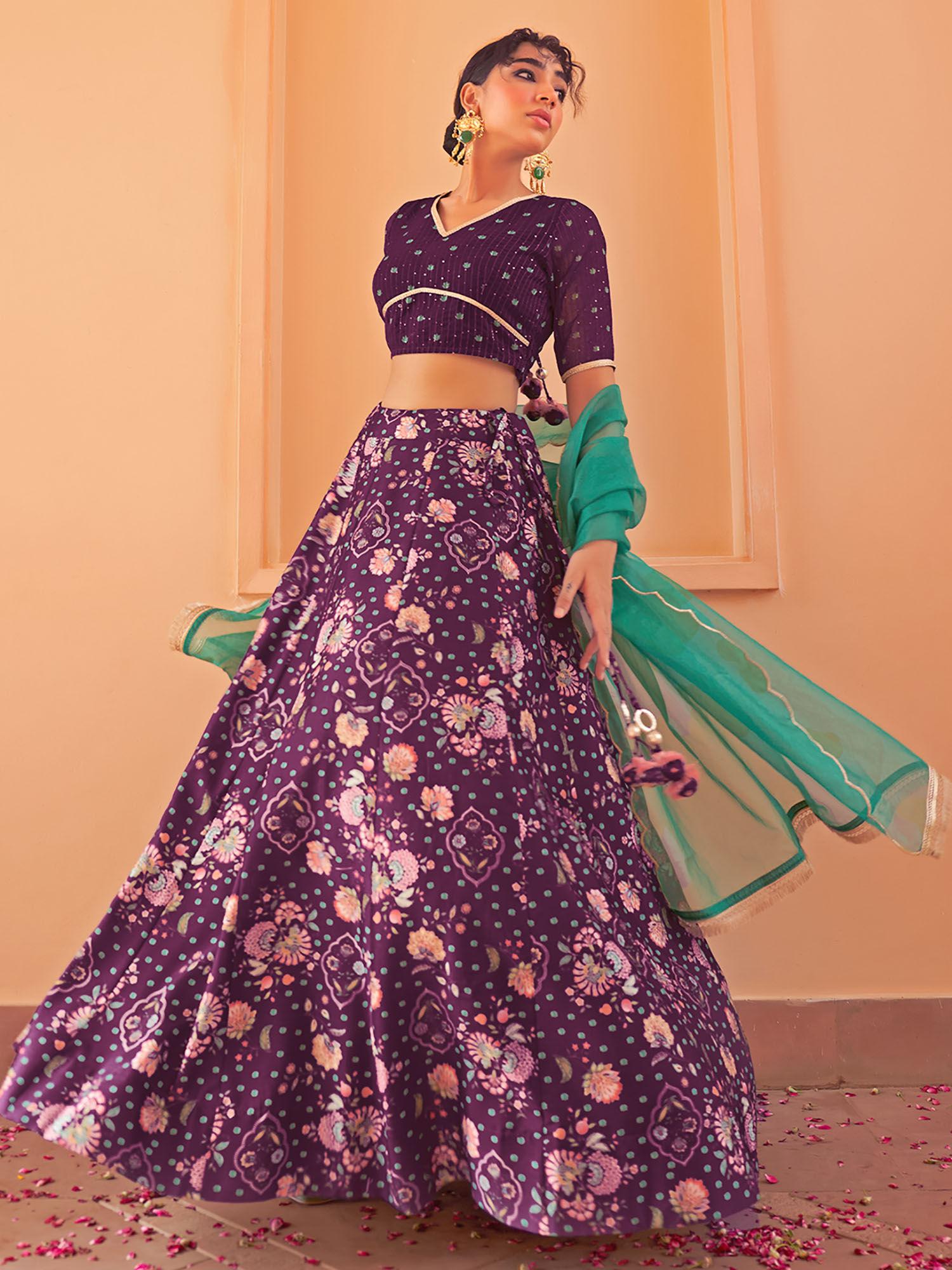 purple crepe silk digital floral printed lehenga choli with dupatta (set of 3)