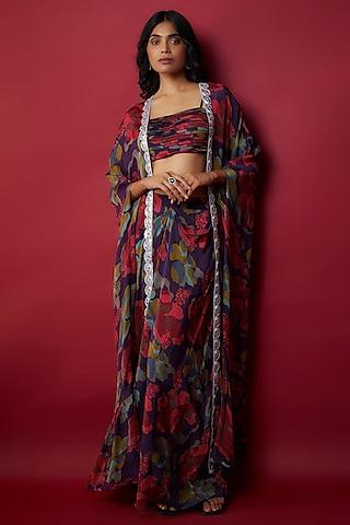 purple crepe silk digital printed cape set