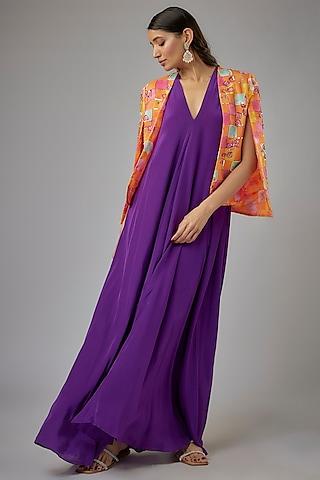 purple crepe silk gown with jacket