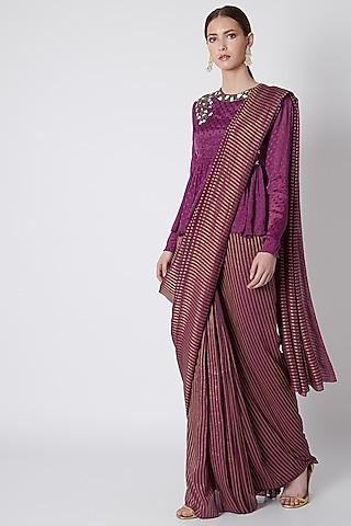 purple crinkle jacquard dot & gold striped pre-stitched saree set