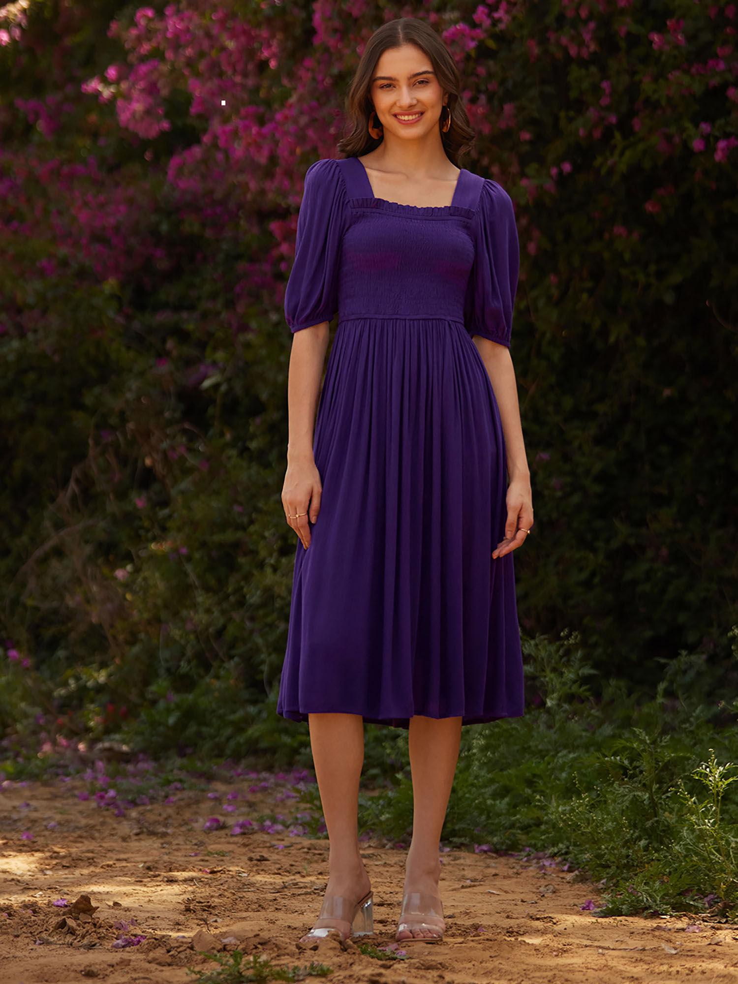 purple crinkled smocked midi dress