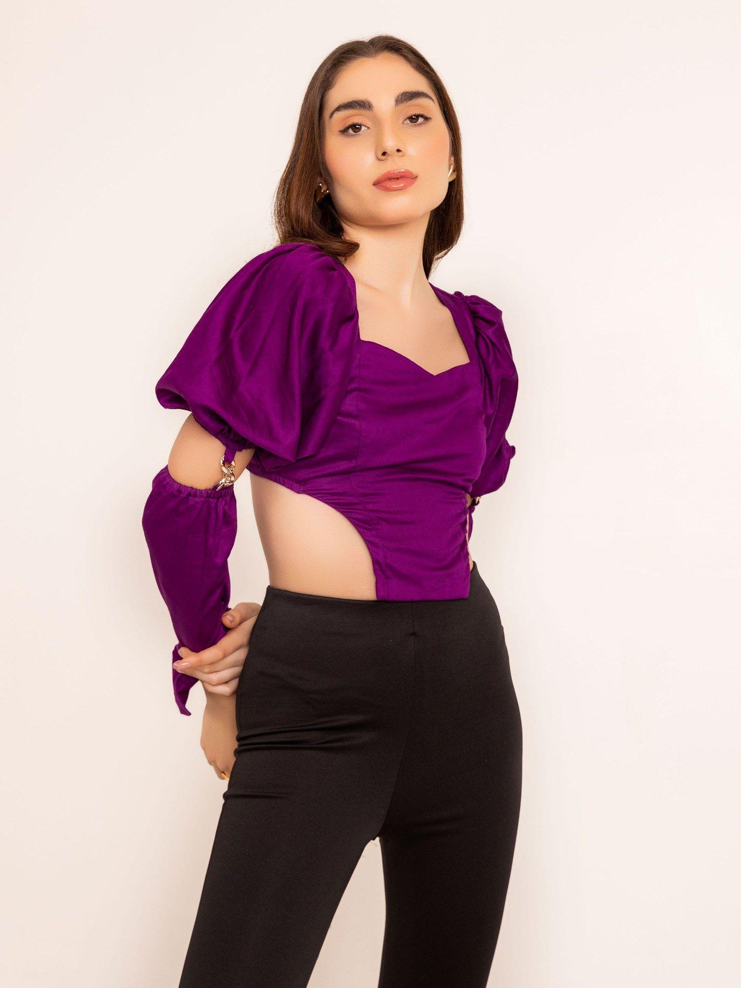 purple crop top statement cut out sleeves