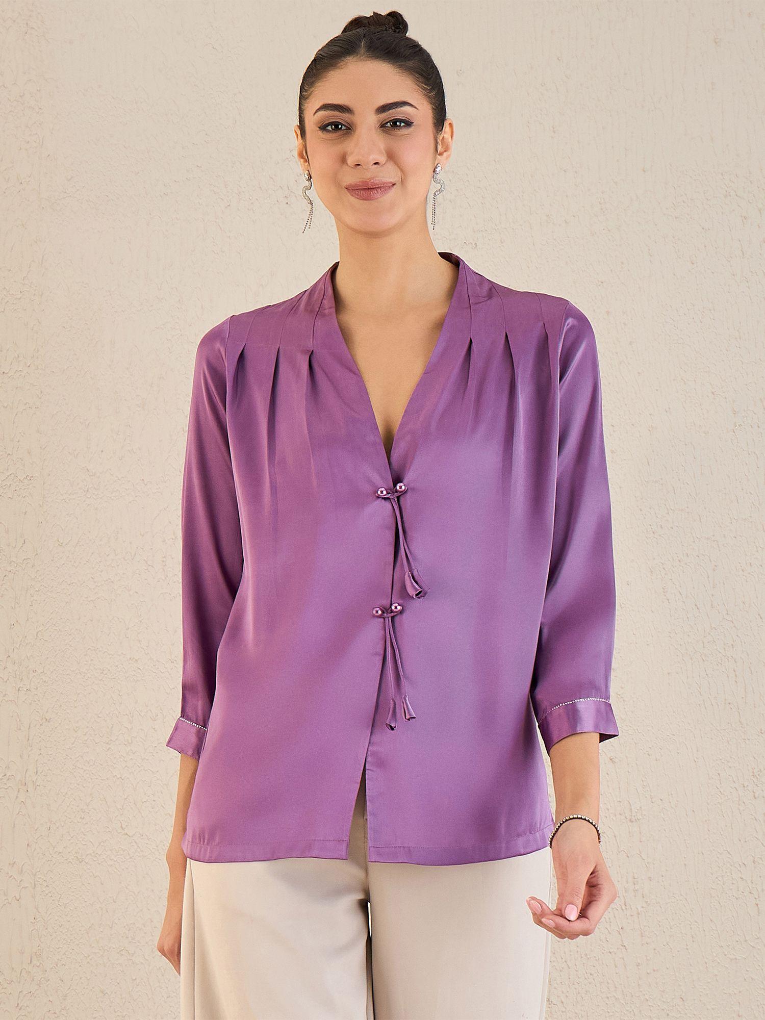 purple crystal embellished satin top with bow detail