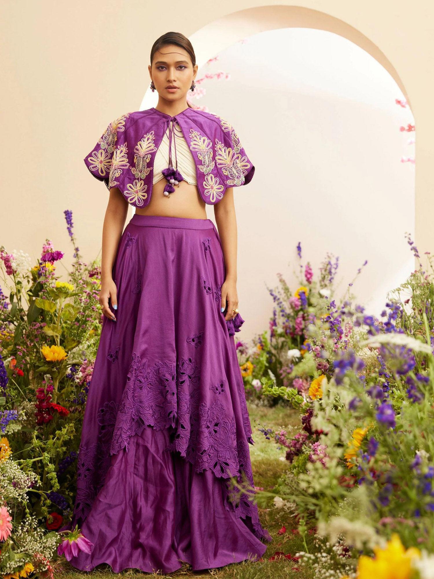 purple cutwork layered lehenga