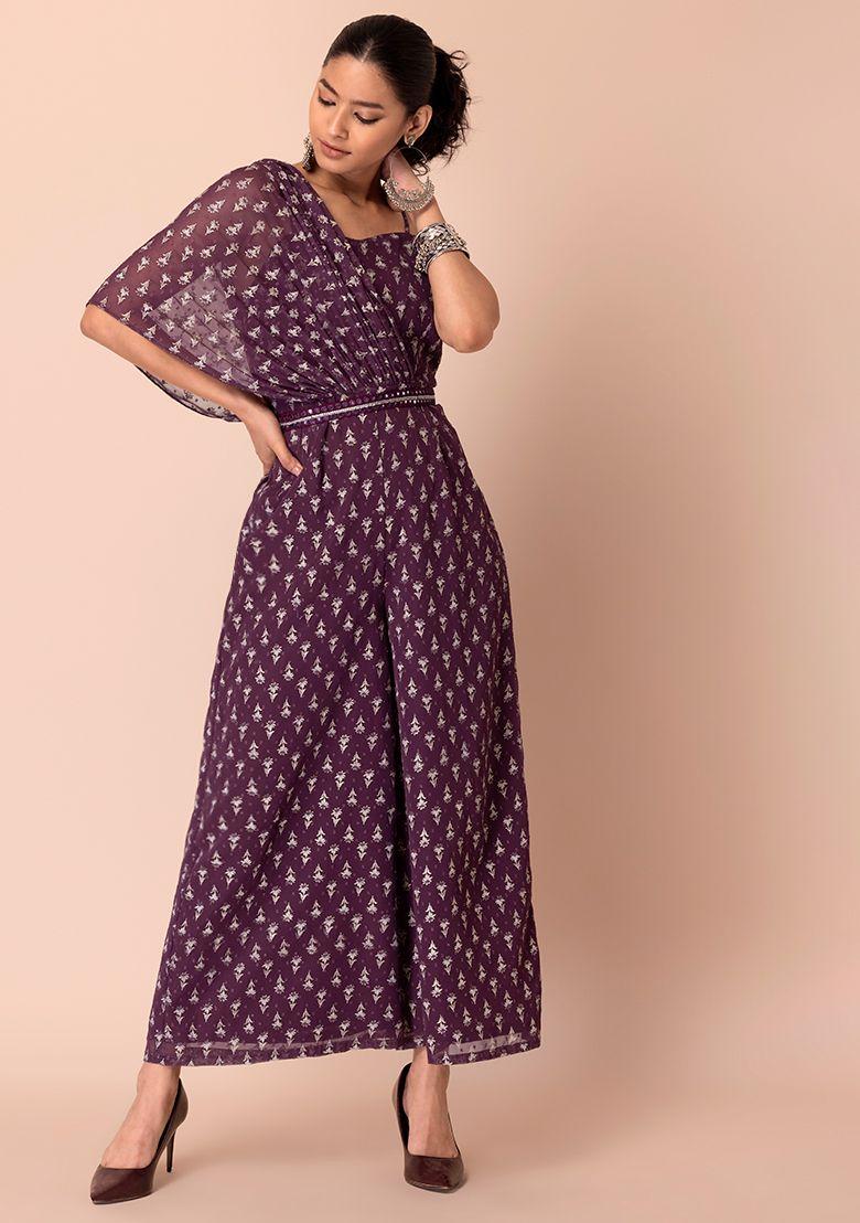 purple dabu print pallu jumpsuit