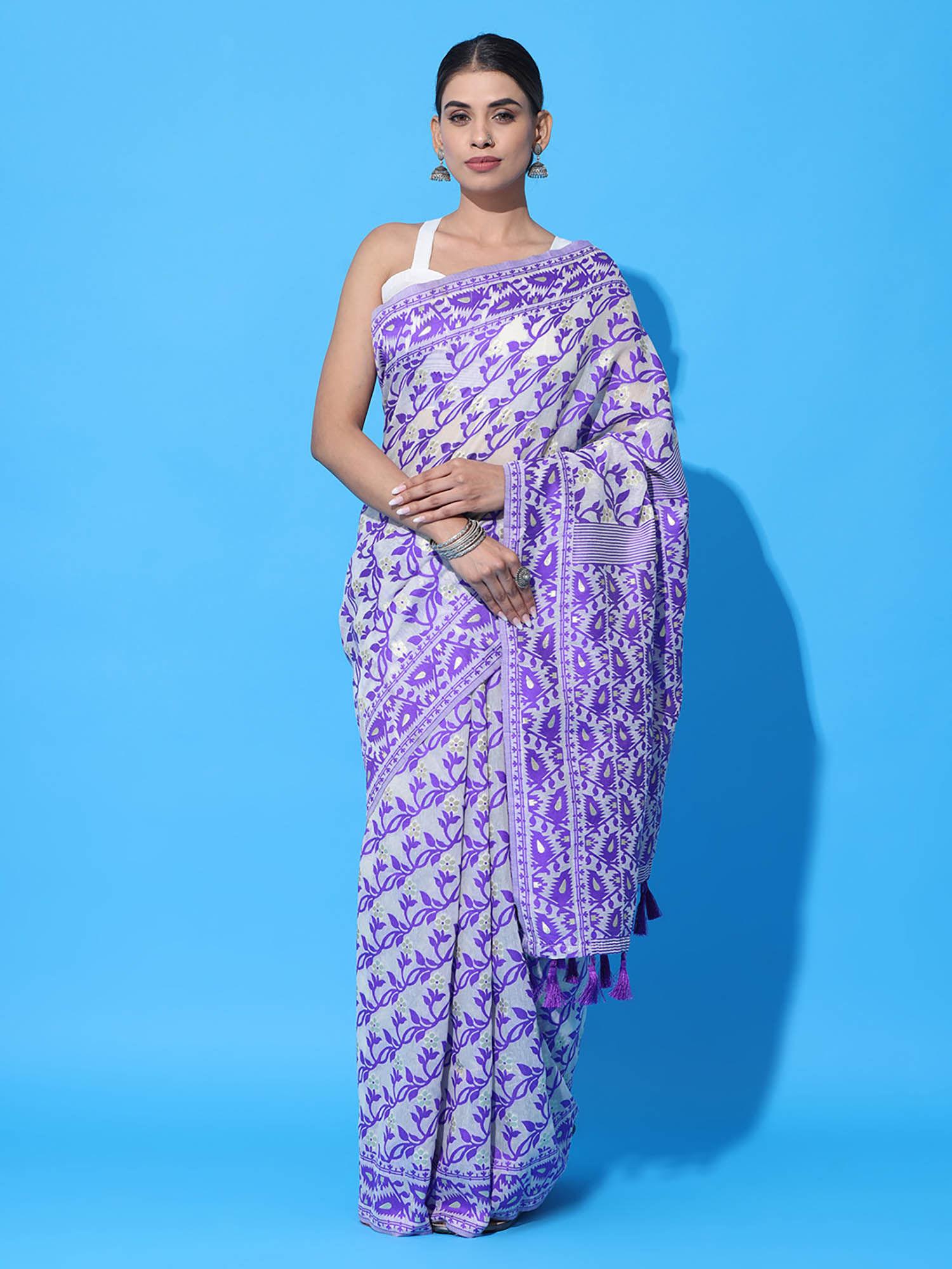 purple dhakai jamdani saree with unstitched blouse