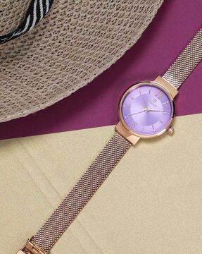 purple dial analogue fashion watch with mesh strap for women