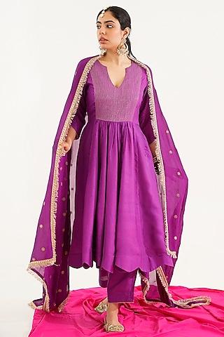 purple dola silk anarkali set