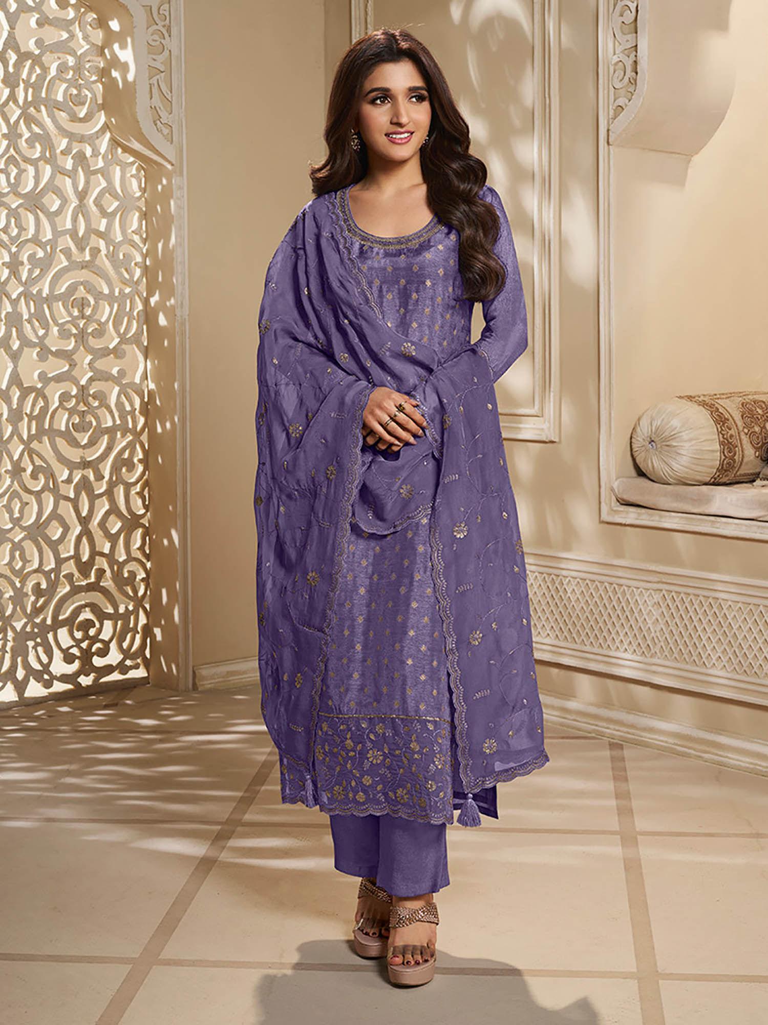 purple dola silk jacquard with embroidery kurta trousers and dupatta (set of 3)