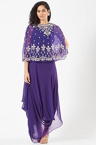 purple draped dress with organza cape