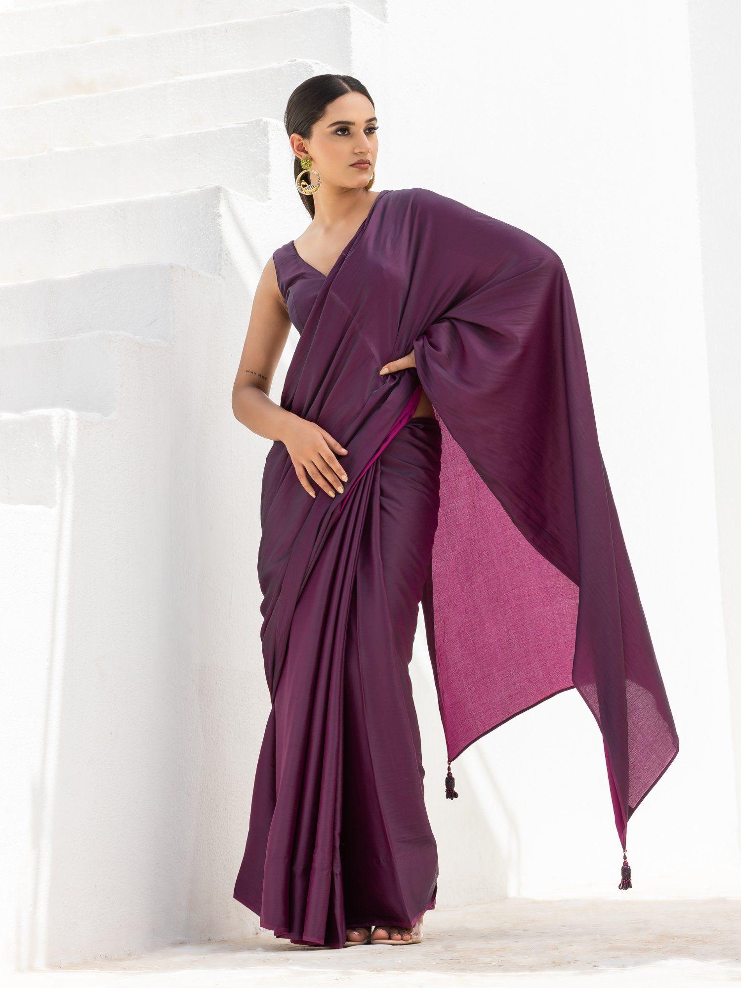purple dual shade satin saree with beaded latkans and unstitched blouse