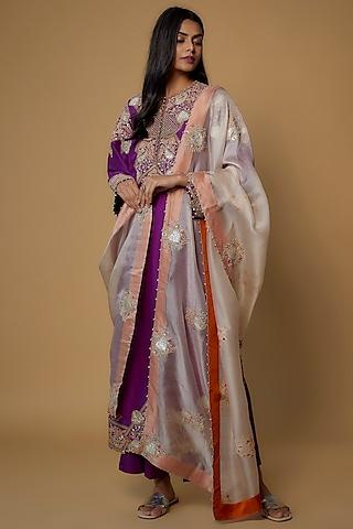 purple dupion embroidered kurta set