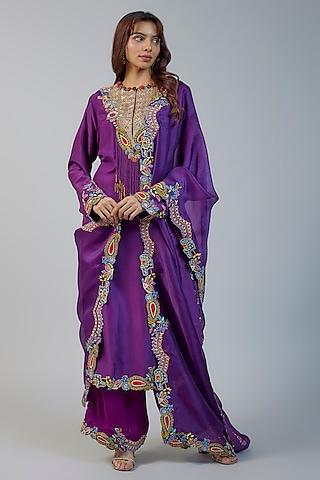 purple dupion golden thread embroidered straight kurta set