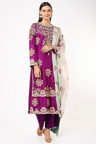 purple dupion long straight kurta set