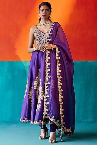 purple dupion silk & organza floral embroidered anarkali set