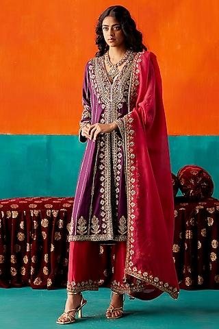 purple dupion silk & organza hand embroidered kurta set