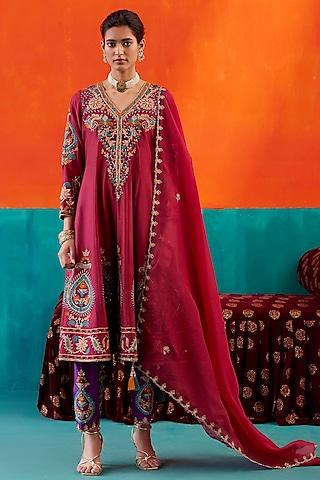 purple dupion silk & organza thread embroidered kurta set