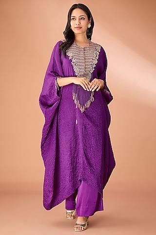 purple dupion silk embroidered crushed kaftan set