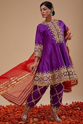 purple dupion silk gota & sequins hand embroidered short anarkali set