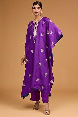 purple dupion silk zardosi boota embroidered kaftan set