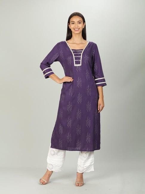 purple embelished square neck kurti