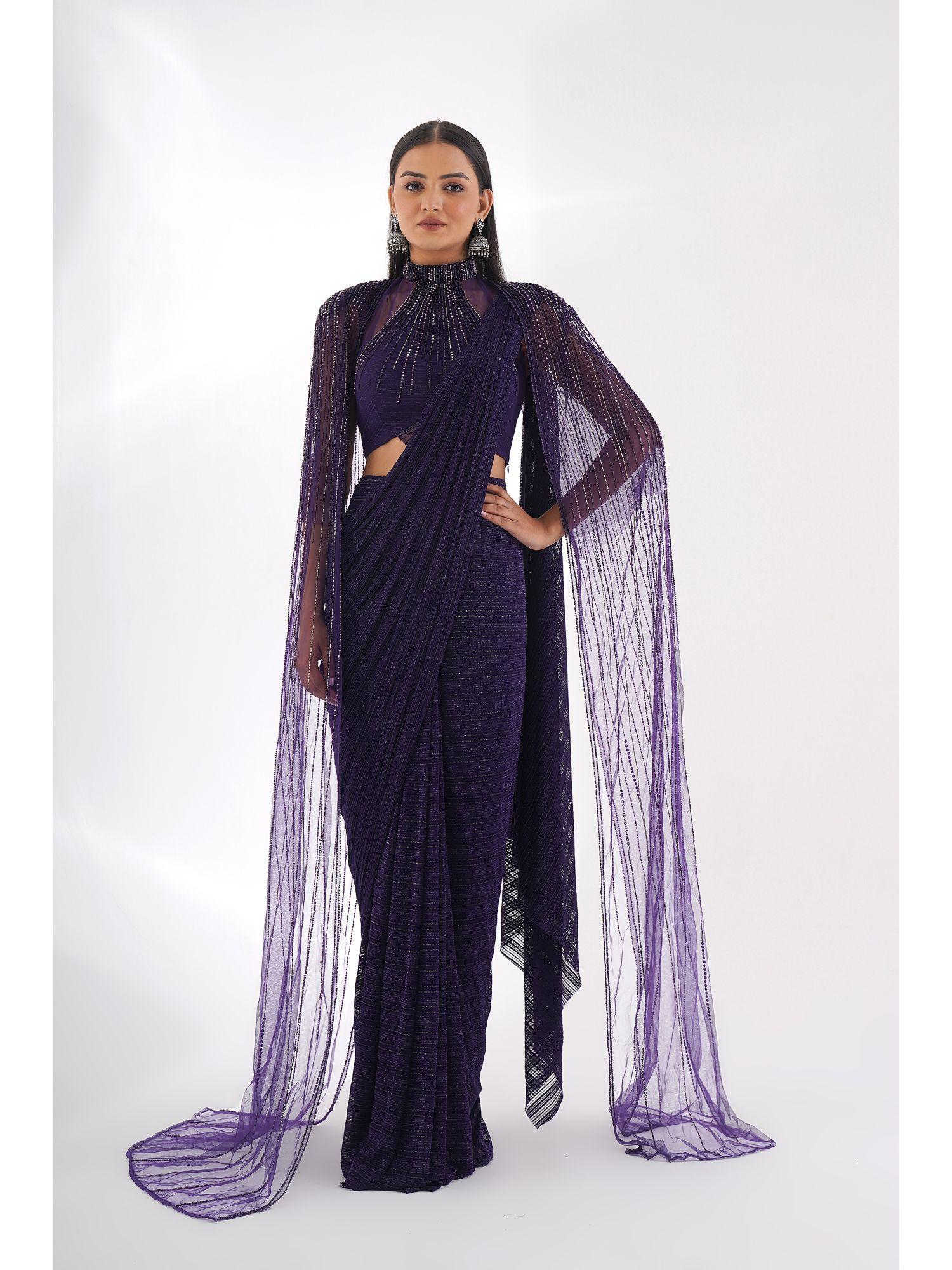 purple embellished cape style drape saree with stitched blouse